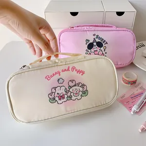 Cute cartoon puppy large capacity pencil case with handle and multi-layer storage