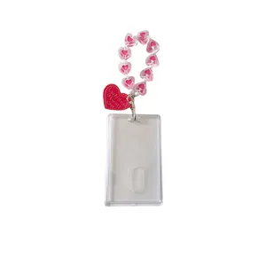 Porte-clés à perles cœur rose avec porte-carte transparent et pendentif cœur rouge