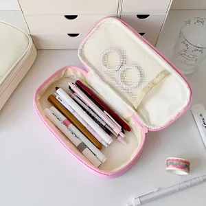 Pink large capacity pencil case with cute puppy design and zipper compartments