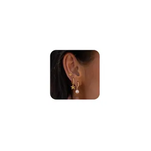 Women Copper Marine Earring Set With Synthetic Artificial Pearl Zirconia Shell Starfish Gold Plated Elegant Small Stud Earrings Accessory