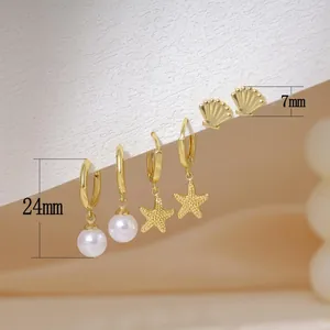 Elegant gold shell and starfish earrings set with pearls for women jewelry
