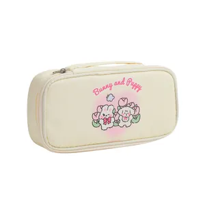 Cute cream stationery bag featuring bunny and puppy cartoons with a top handle