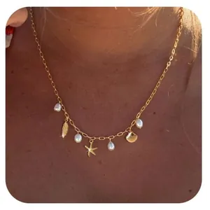 Summer Beach Gold Plated Copper Pearl Pendant Necklace Starfish Conch Shell Charm Ocean Jewelry For Women Vacation
