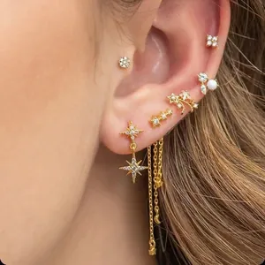 Gold Plated Brass Zirconia Earring Set For Women Star Tassel Celestial Geometric Ear Cuff Hoop Stud Earrings Fashion Jewelry Gift