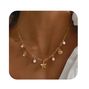 Golden ocean necklace with starfish seashell and pearls for summer beach fashion