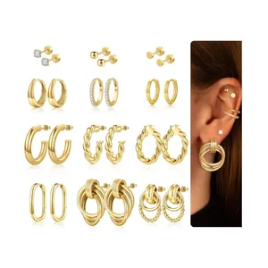 Detail view of 12 pairs of 18k gold plated brass hoop and stud earrings set