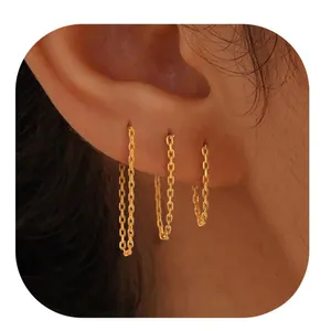 Yellow Brass Real Gold Plated Tassel Chain Stud Hoop Earrings Fashion Commuting Light Luxury Geometric Zirconia Earrings For Women Jewelry