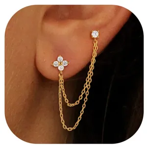 Gold plated brass chain earrings with floral zircon studs for double piercings
