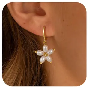 Women Vintage Flower Imitation Artificial Pearl Drop Earrings Brass Gold Silver Plated Ear Cuff Set Zirconia Fashion Jewelry Party Gift