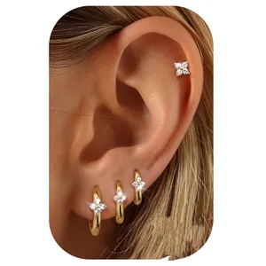 Minimalist Gold Plated Brass Zirconia Earring Set For Women Fashion Chain Floral Ear Hoop Stud Ear Cuffs Jewelry Set