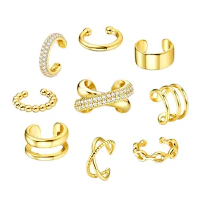 9-piece gold plated brass ear cuff set with sparkling zircon stones for non-pierced ears