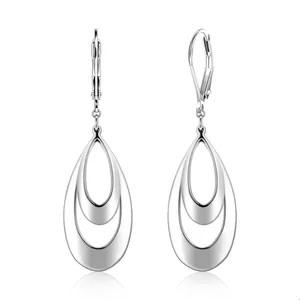 Polished silver teardrop dangle earrings with triple nested layers and leverback closures
