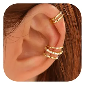 Close-up of a 5-piece gold-plated ear cuff set featuring zircon studs and twisted textures