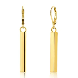Detailed view of elegant gold-plated drop earrings with rectangular bar pendants and leverbacks