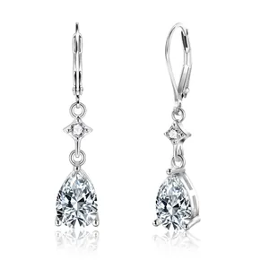 Macro view of teardrop crystal earrings in S925 sterling silver with leverback hooks