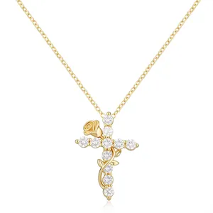 Women's Brass Real Gold Plated Cross Zirconia Pendant Necklace Elegant Star Butterfly Flower Double Layered Jewelry Necklace Gift
