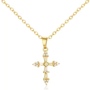 18K gold plated cross pendant necklace with zircon stones on a classic link chain