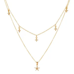 Double-layered gold-plated brass necklace with flower pendants and sparkling zircons