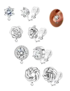 Detail von 4-teiligem silbernen C-Clip-Ohrring-Set mit Kristall- und Rosenmotiven