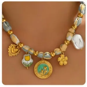 Bohemian silk wrap necklace with gold heart flower pendants and baroque pearl