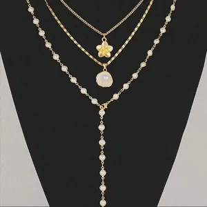 Gold plated multilayer necklace set with flower pendant shell and synthetic pearl