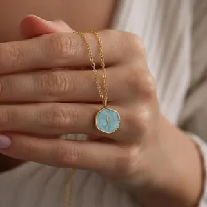 14k Gold Plated 316 Stainless Steel Cross Pendant Necklace Enamel Hexagon Religious Jewelry For Women Vintage Fashion Commute