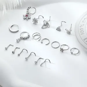 16pcs silver nose stud and hoop set with sparkling cubic zirconia and floral designs