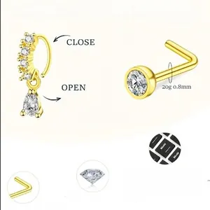 18-piece gold brass nose ring set with drop pendant and 20g zircon stud details