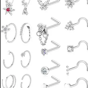 18-piece silver brass nose stud and ring set with sparkling zircons and star heart shapes