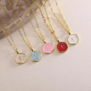 Five gold-plated stainless steel cross necklaces with colorful enamel octagon pendants