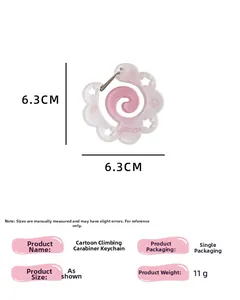 Detail view of pink acrylic star-flower carabiner keychain showing 6.3cm size and 11g weight