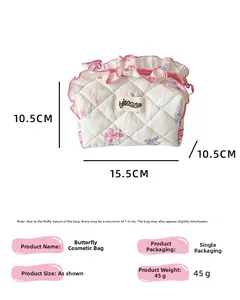 Detailed view of butterfly cosmetic bag with dimensions 15.5x10.5x10.5cm and pink lace