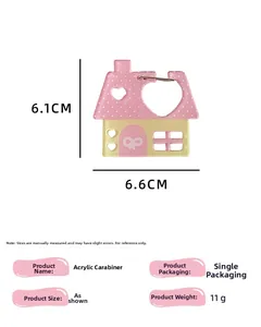 Vista detallada del colgante de casa acrílica rosa con dimensiones 6,1 cm x 6,6 cm y peso
