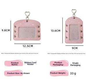 Pink ribbon bow card holders with heart metal buckle and transparent window for photocards
