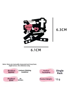Cartoon carabiner with black character and pink hearts, size 6.1cm x 6.3cm, weighs 12g