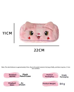 Detalles del estuche de felpa rosa con orejas de gato y dimensiones del producto