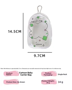 Detailed size specifications for transparent PVC doll display bag with clover pattern