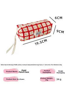 Detailed view of red checkered pencil case showing dimensions 19.5x9x6cm and fabric texture