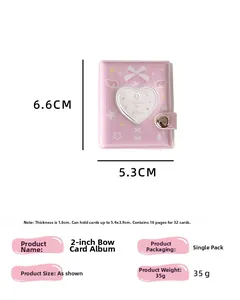 Detailed size chart for pink 2-inch mini photo album with dimensions and storage capacity