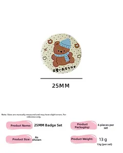 Detailansicht des 25mm Comic-Bären Button-Sets mit Spezifikationen und Abmessungen