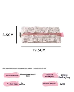 Detail showing dimensions 19.5x8.5cm of pink ribbon lace pencil case for students