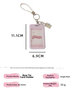 Detail of purple bunny ID holder showing dimensions 11.1x6.9cm with white wrist strap