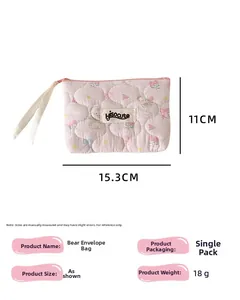 Pink quilted pouch dimensions 15.3x11cm with cute bear and rose patterns detail