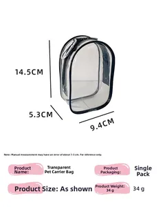 Detailed size chart for the clear PVC doll display bag showing dimensions and carabiner