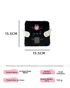 Detailed size specifications for the A7 black plush photo album with angel heart design