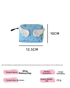 Detailed dimensions of blue cosmetic bag with wing plush decor 12.5x10x2.5cm