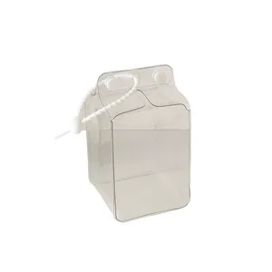 Transparent milk carton shaped doll display storage bag with top handle and white clasp