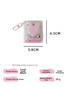 Pink glitter mini keychain photo album with 16 inner pages and heart-shaped cover detail
