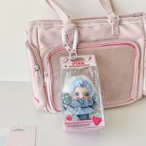 Clear PVC doll display bag with cute plush pendant and retractable lanyard for storage