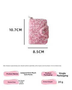 Porte-monnaie en peluche léopard rose avec bouton pression et taille 10,7x8,5cm